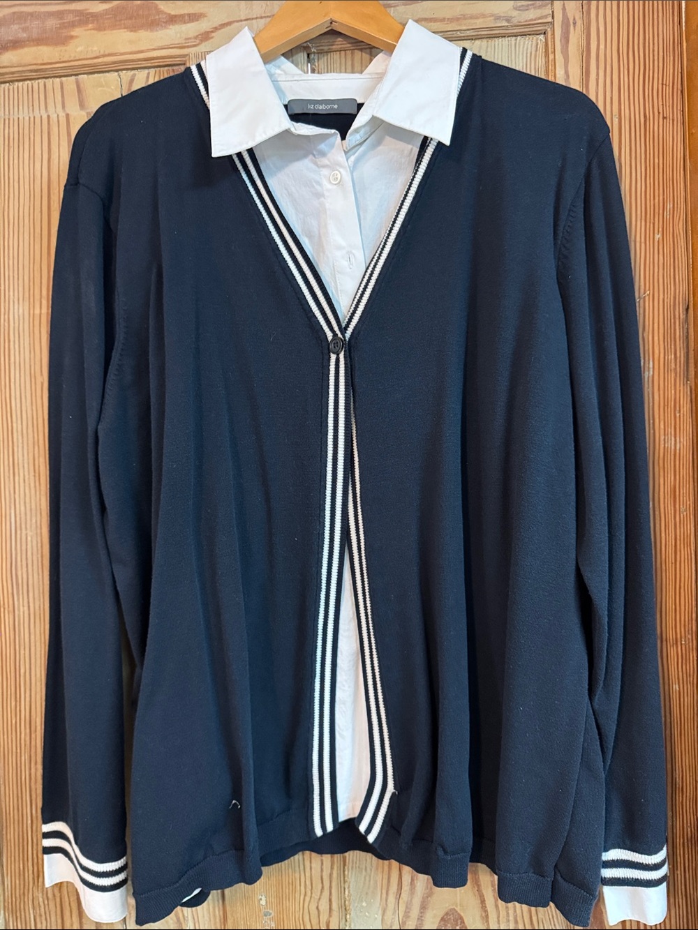 Liz Claiborne Navy Cardigan with White Trim built in white shirt 2X